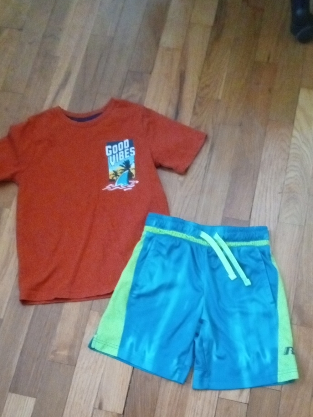 Good Vibes Orange Tee with Teal & Lime drifit shorts, boys 7